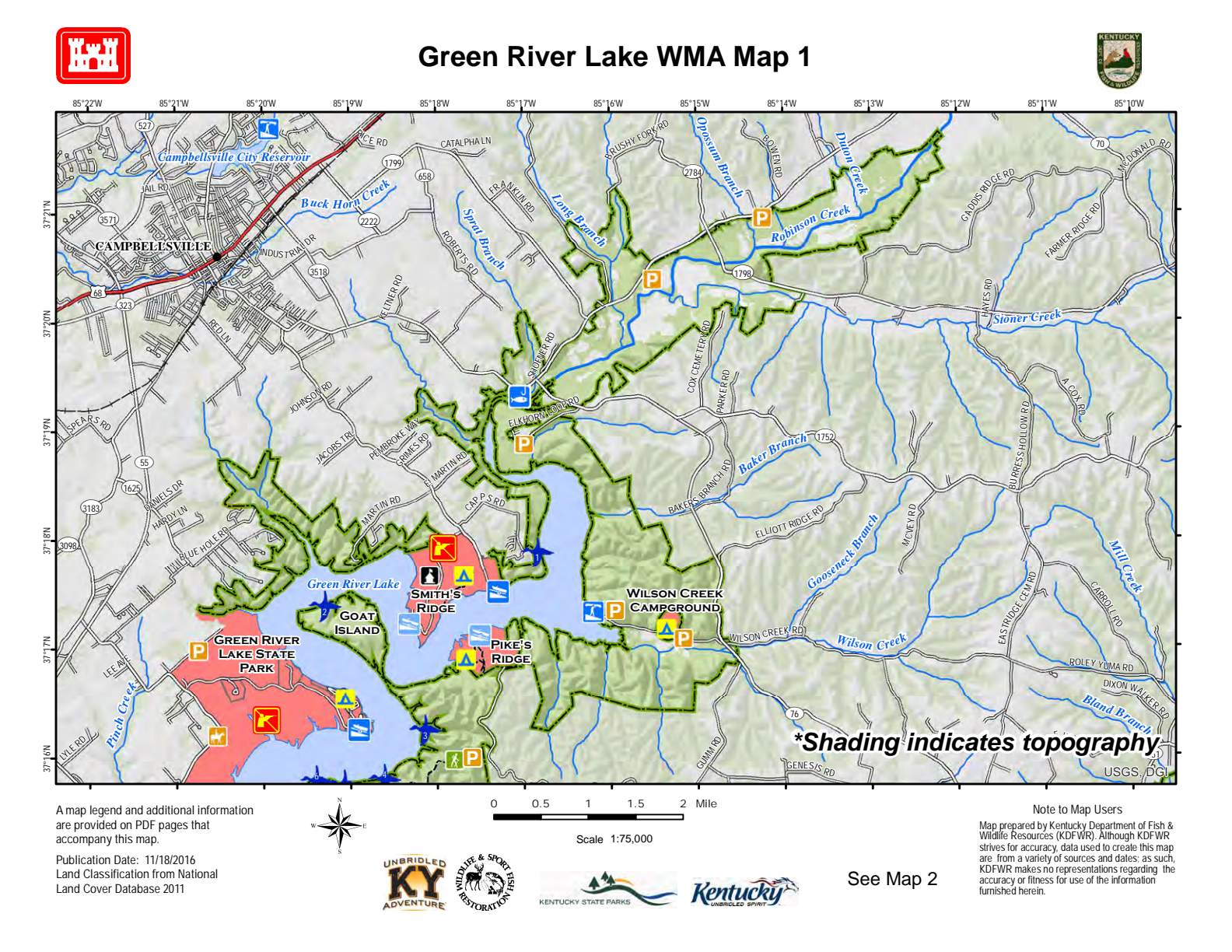 Green River Lake WMA map showing State Park, Smith Ridge and Pike's Ridge areas