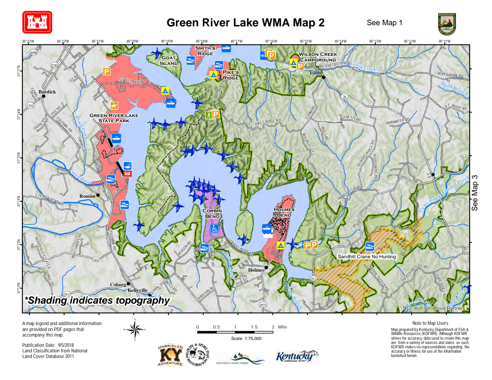 Green River Lake WMA map showing Holmes Bend and Corbin Bend public access